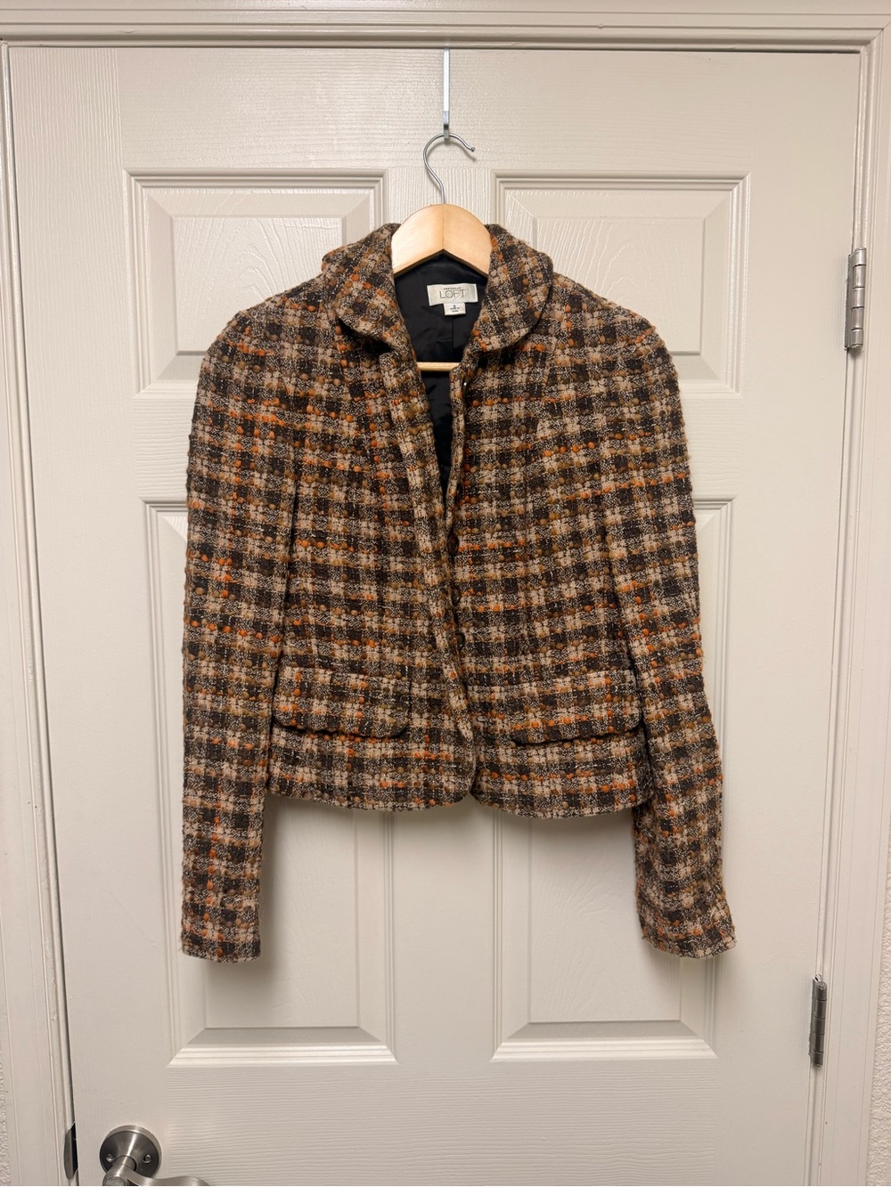 LOFT Brown and Orange Plaid Tweed Blazer